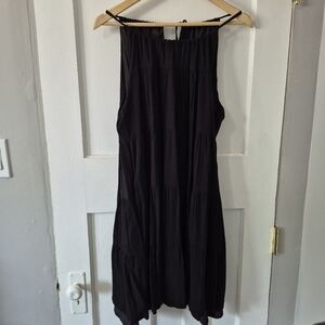 Zilcremo Linen Blend Sleeveless Tiered Swing Midi Dress Black Sz S/M